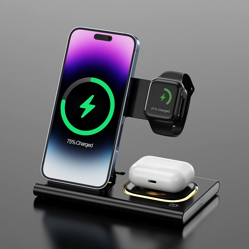 3-in-1 15W Wireless charging stand with night light for phone, watch & earbuds