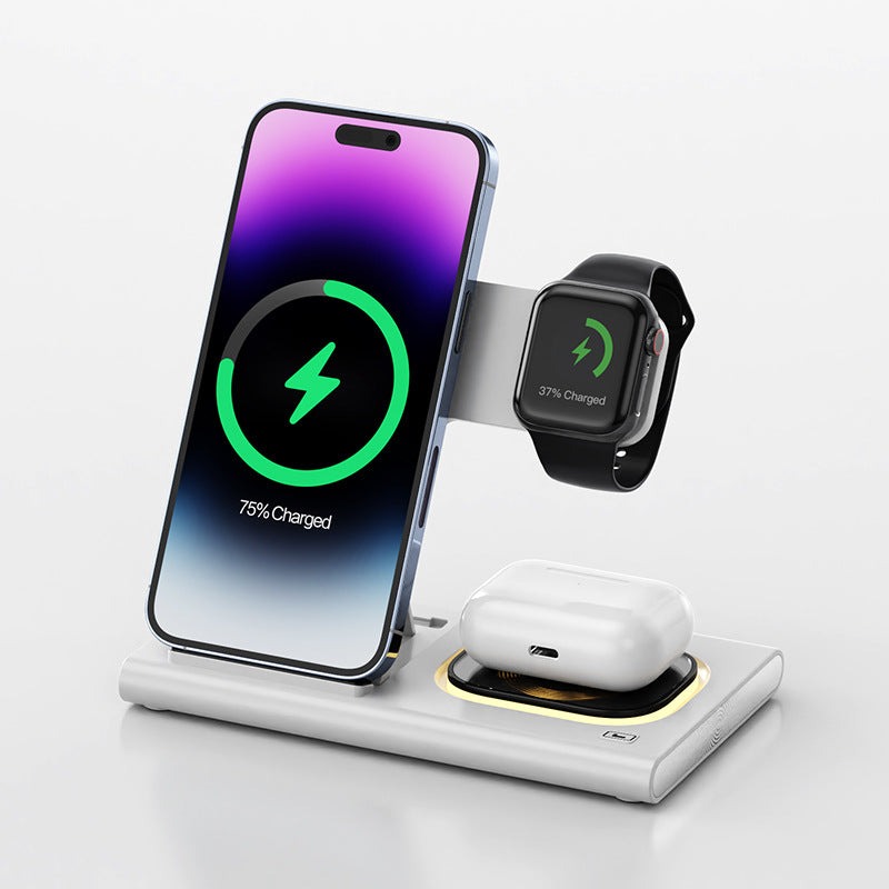 3-in-1 15W Wireless charging stand with night light for phone, watch & earbuds